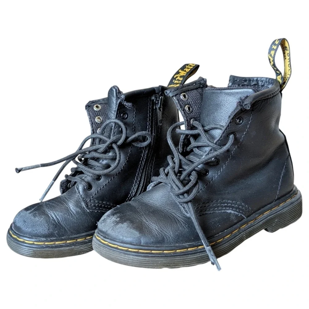 Dr Martens 1460‎ T Black Leather Ankle Boots Kids US 9 UK 8 Zip Up Lace Up